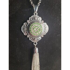 NWOT Silvertone Tassel Interchangeable Snap Green Gemstones 22" Necklace
